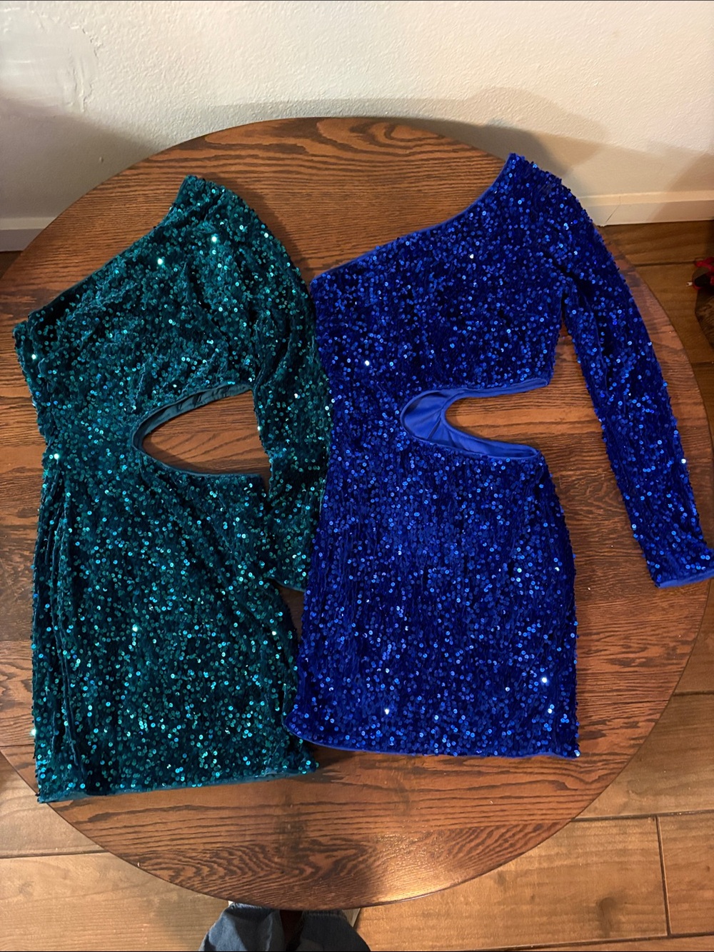 Two Woman’s Sequin One-Shoulder Cutout Dress - Teal and Royal Blue - Picture 6 of 11